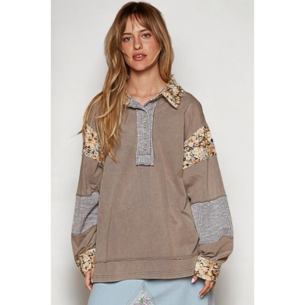 POL Gray Balloon Sleeve Polo Top | Oversized Half Button Floral Contrast Shirt - Picture 2 of 7
